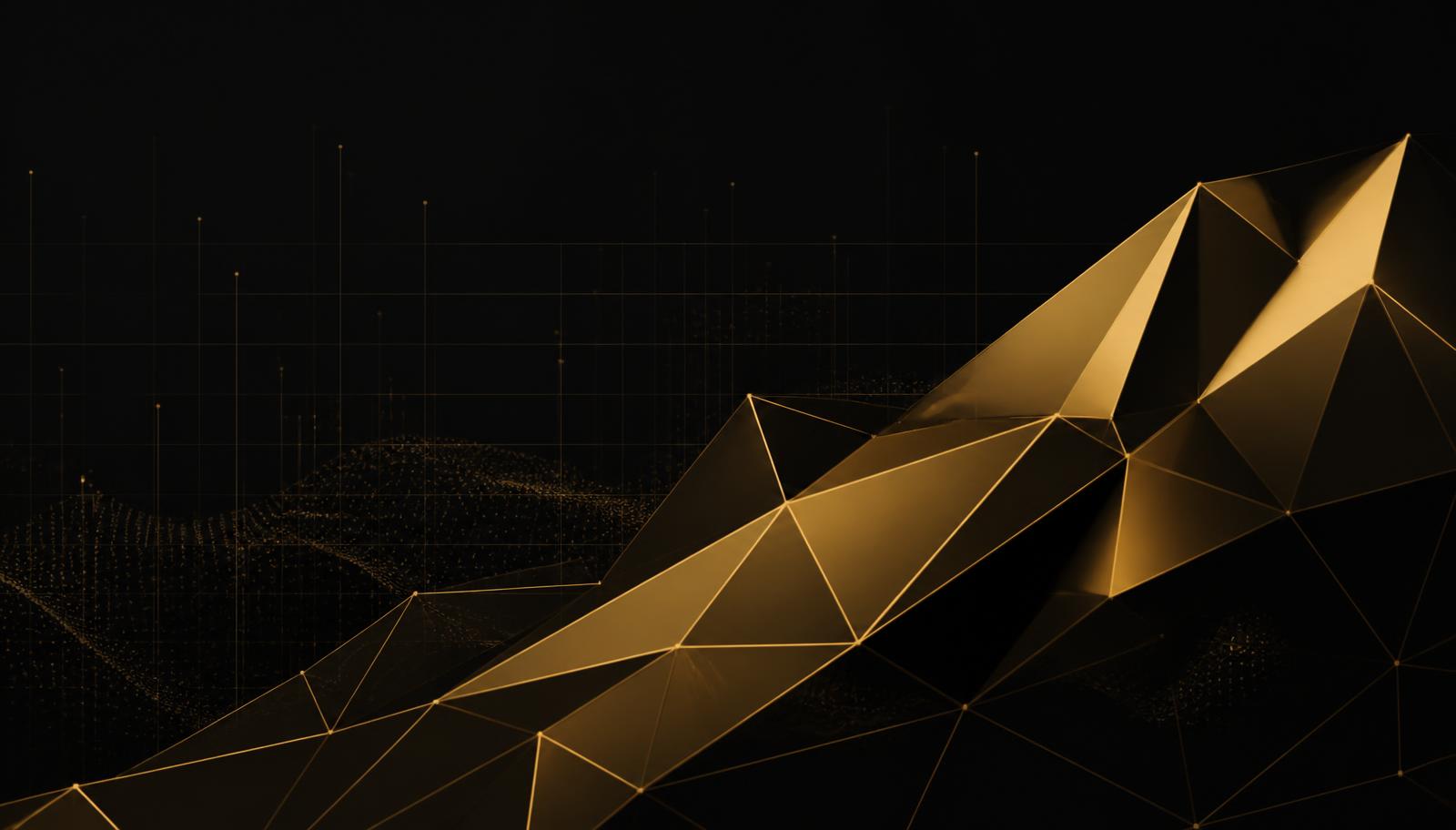 Abstract faceted gold polygonal shapes over a dark data grid representing digital assets and financial technology