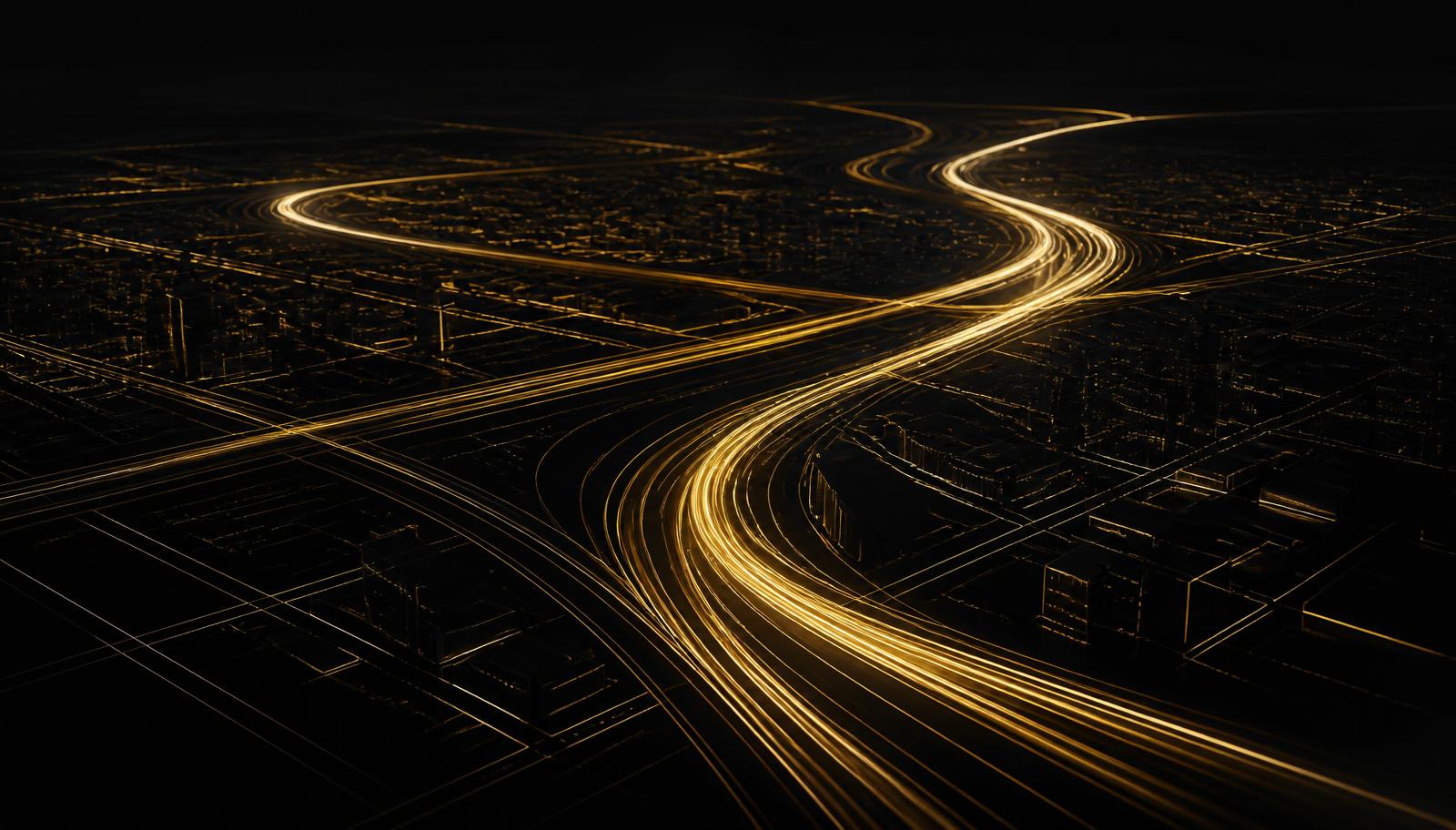Abstract gold light trails curving over a dark stylised city grid representing mobility technology
